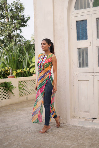Multi Colour Bandhej Printed Georgette Kurti with Kutchi Gamthi Mirror & Codi Lace Work ClothsVilla