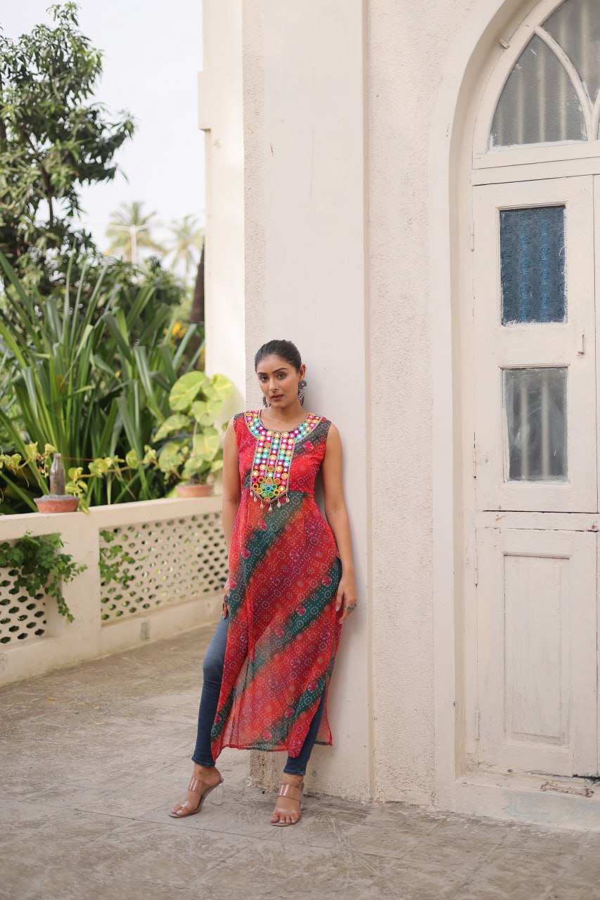 Multi Colour Bandhej Printed Georgette Kurti with Kutchi Gamthi Mirror & Codi Lace Work ClothsVilla
