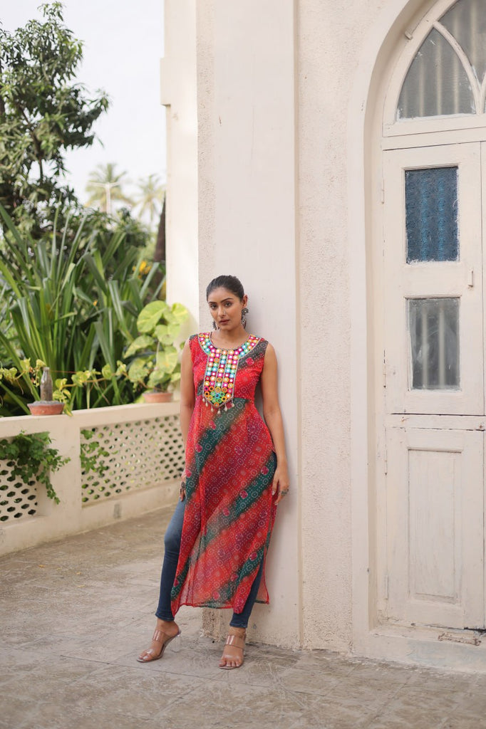 Multi Colour Bandhej Printed Georgette Kurti with Kutchi Gamthi Mirror & Codi Lace Work ClothsVilla