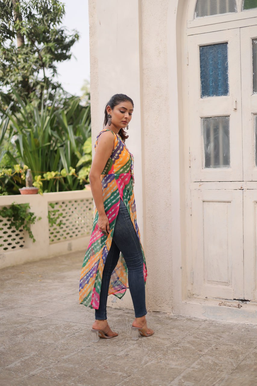 Multi Colour Bandhej Printed Georgette Kurti with Kutchi Gamthi Mirror & Codi Lace Work ClothsVilla
