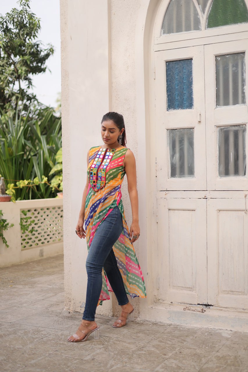 Multi Colour Bandhej Printed Georgette Kurti with Kutchi Gamthi Mirror & Codi Lace Work ClothsVilla