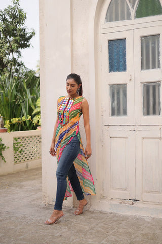 Multi Colour Bandhej Printed Georgette Kurti with Kutchi Gamthi Mirror & Codi Lace Work ClothsVilla