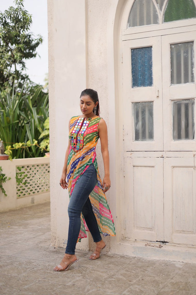 Multi Colour Bandhej Printed Georgette Kurti with Kutchi Gamthi Mirror & Codi Lace Work ClothsVilla