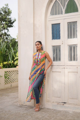 Multi Colour Bandhej Printed Georgette Kurti with Kutchi Gamthi Mirror & Codi Lace Work ClothsVilla