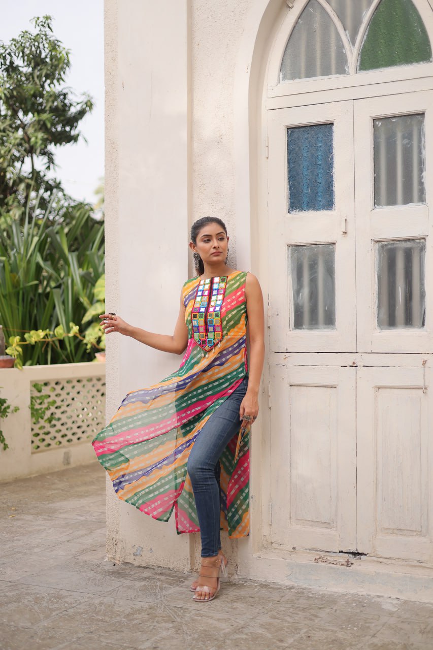 Multi Colour Bandhej Printed Georgette Kurti with Kutchi Gamthi Mirror & Codi Lace Work ClothsVilla