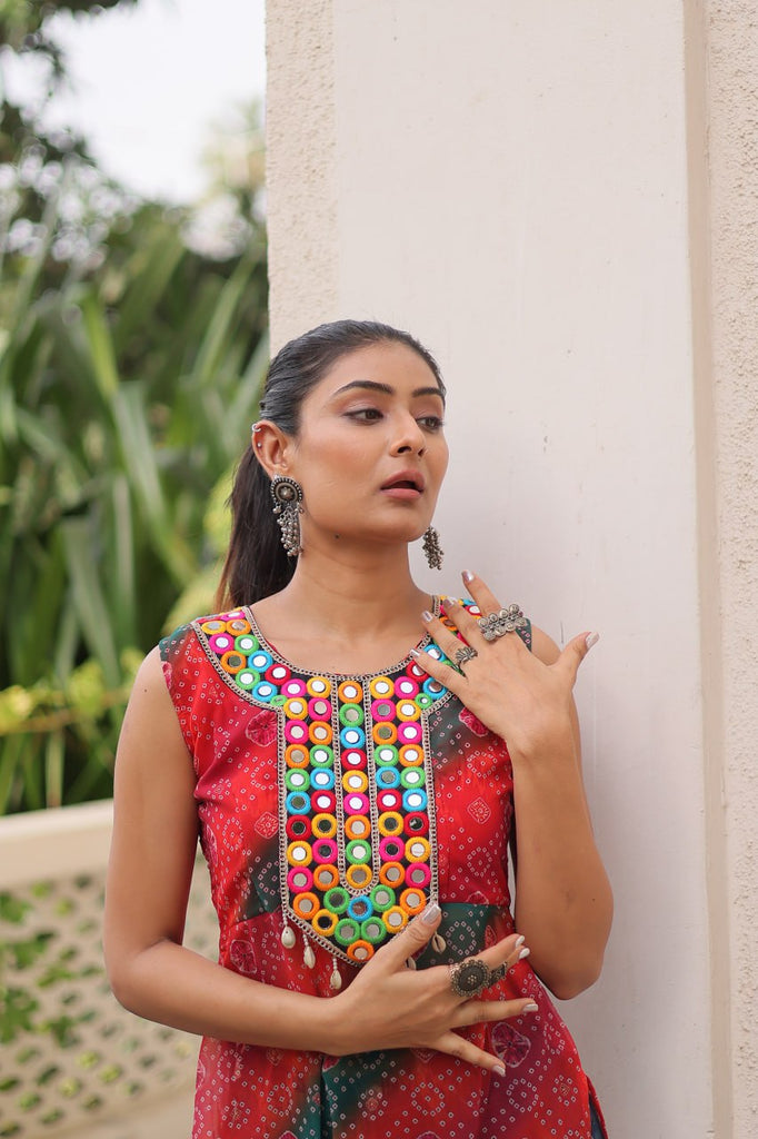 Multi Colour Bandhej Printed Georgette Kurti with Kutchi Gamthi Mirror & Codi Lace Work ClothsVilla