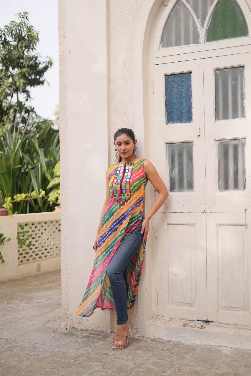 Multi Colour Bandhej Printed Georgette Kurti with Kutchi Gamthi Mirror & Codi Lace Work ClothsVilla