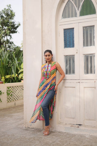 Multi Colour Bandhej Printed Georgette Kurti with Kutchi Gamthi Mirror & Codi Lace Work ClothsVilla