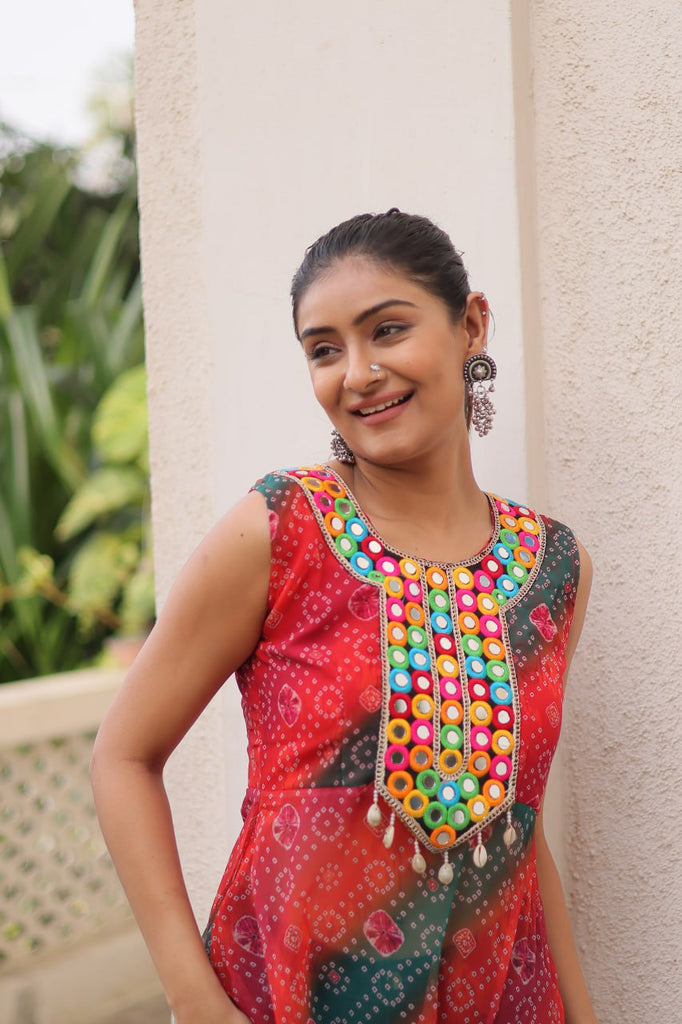 Multi Colour Bandhej Printed Georgette Kurti with Kutchi Gamthi Mirror & Codi Lace Work ClothsVilla