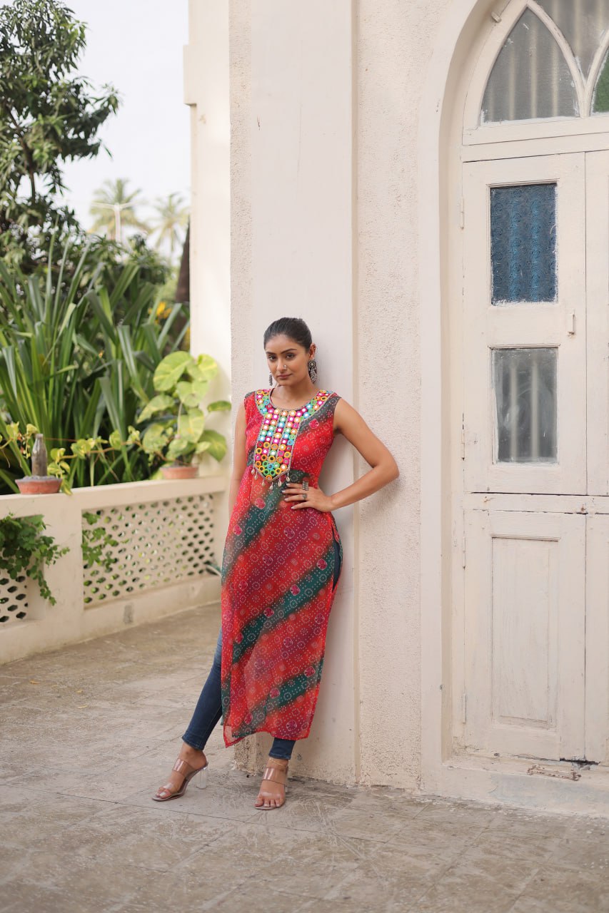 Multi Colour Bandhej Printed Georgette Kurti with Kutchi Gamthi Mirror & Codi Lace Work ClothsVilla