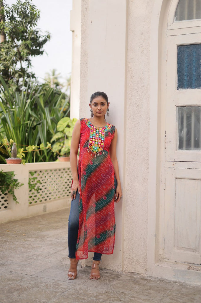 Multi Colour Bandhej Printed Georgette Kurti with Kutchi Gamthi Mirror & Codi Lace Work ClothsVilla