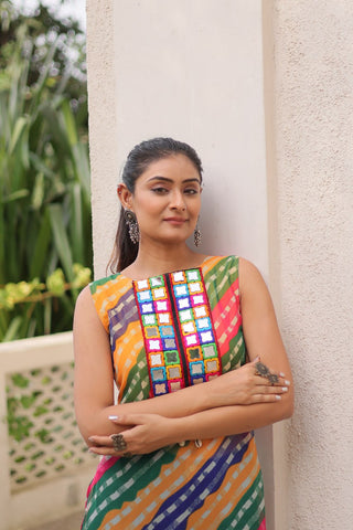 Multi Colour Bandhej Printed Georgette Kurti with Kutchi Gamthi Mirror & Codi Lace Work ClothsVilla