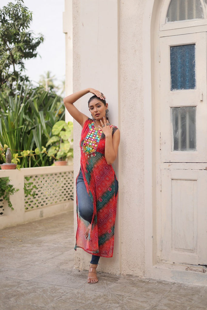 Multi Colour Bandhej Printed Georgette Kurti with Kutchi Gamthi Mirror & Codi Lace Work ClothsVilla
