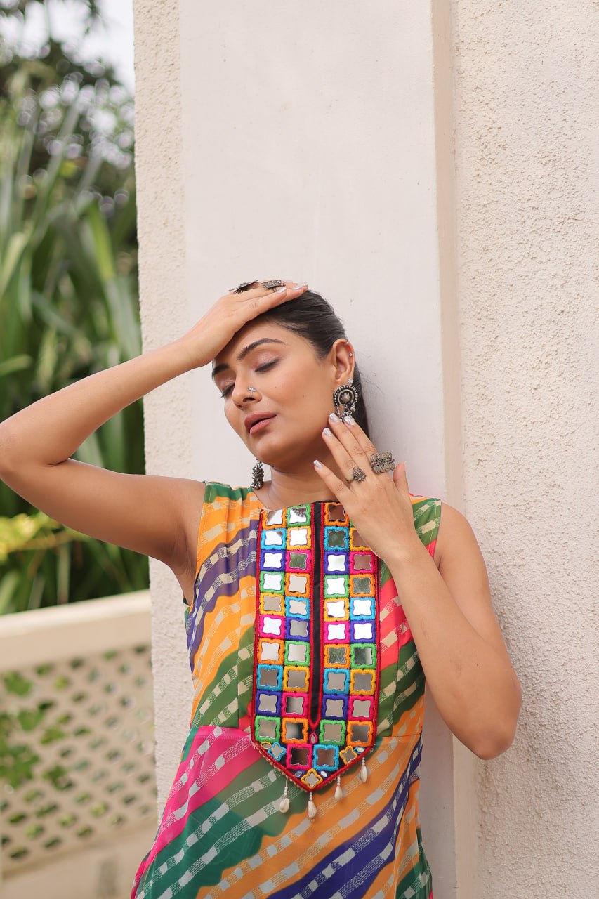 Multi Colour Bandhej Printed Georgette Kurti with Kutchi Gamthi Mirror & Codi Lace Work ClothsVilla