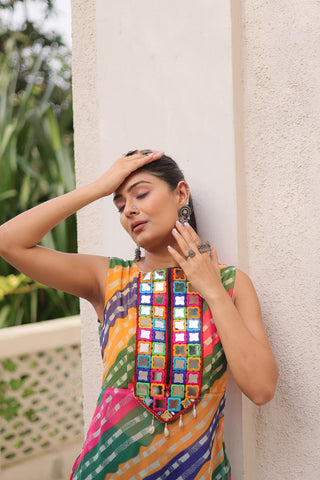 Multi Colour Bandhej Printed Georgette Kurti with Kutchi Gamthi Mirror & Codi Lace Work ClothsVilla