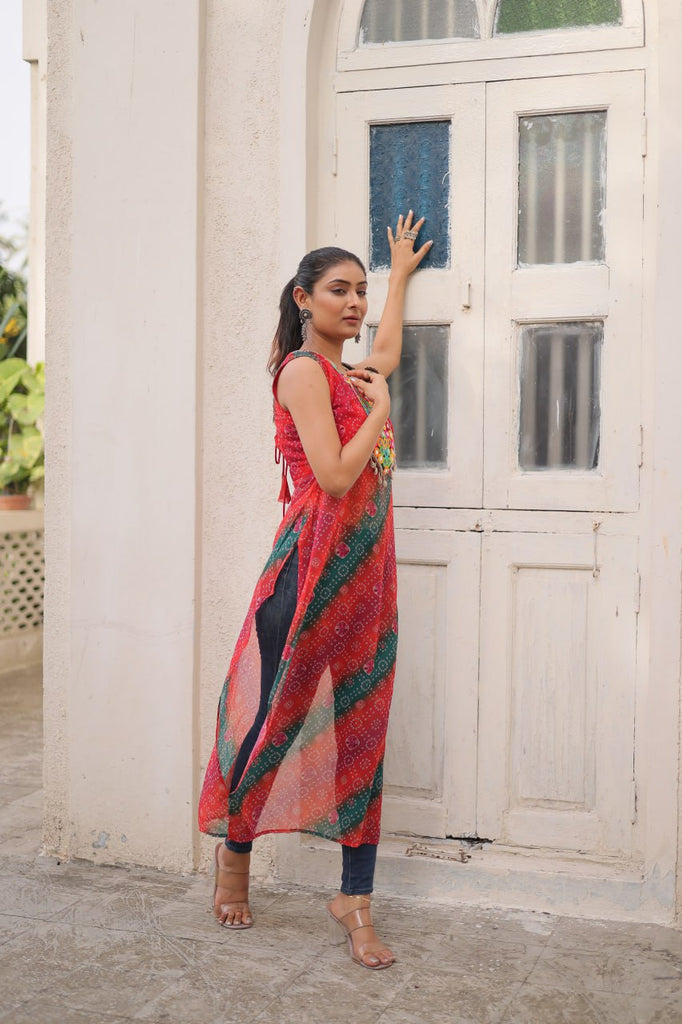 Multi Colour Bandhej Printed Georgette Kurti with Kutchi Gamthi Mirror & Codi Lace Work ClothsVilla