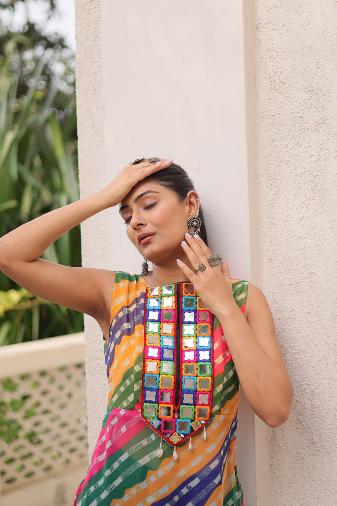 Multi Colour Bandhej Printed Georgette Kurti with Kutchi Gamthi Mirror & Codi Lace Work ClothsVilla