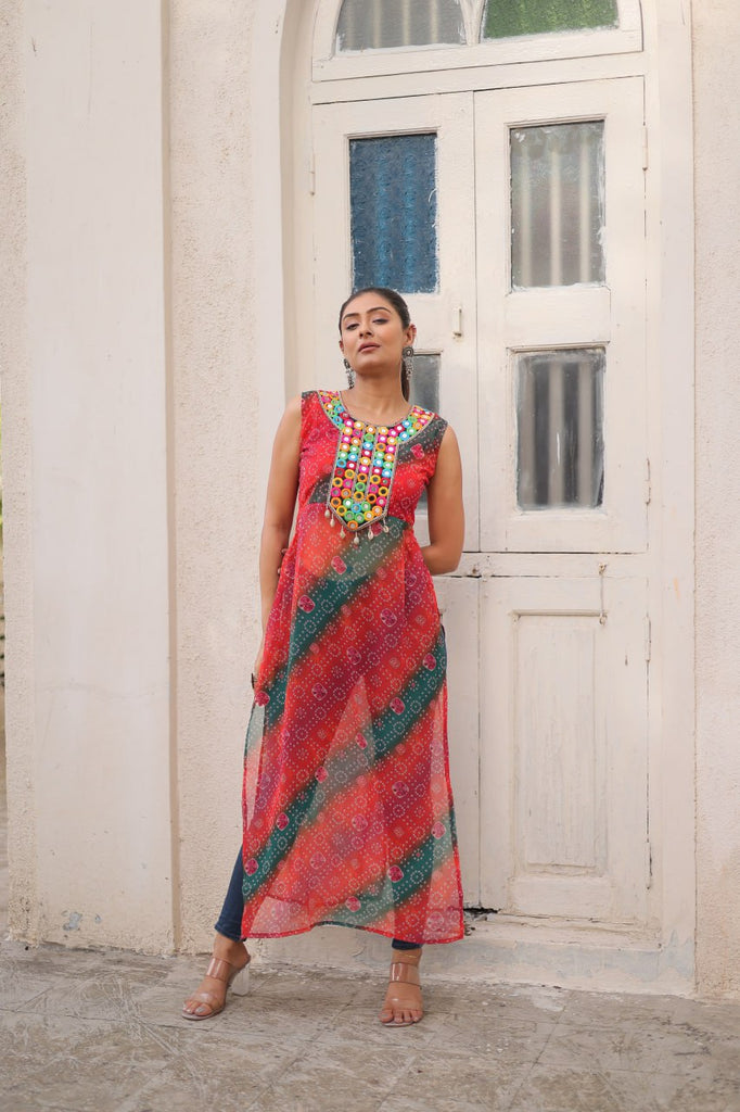 Multi Colour Bandhej Printed Georgette Kurti with Kutchi Gamthi Mirror & Codi Lace Work ClothsVilla