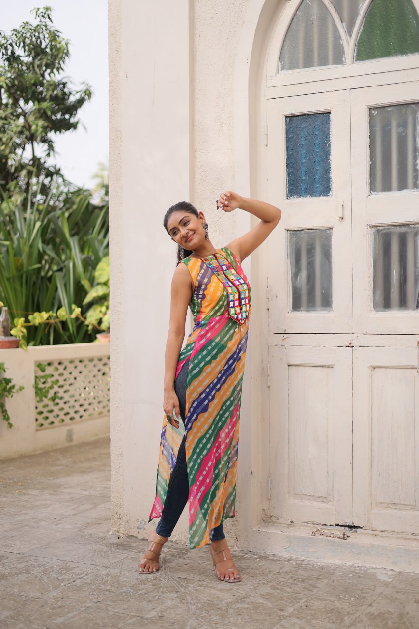 Multi Colour Bandhej Printed Georgette Kurti with Kutchi Gamthi Mirror & Codi Lace Work ClothsVilla