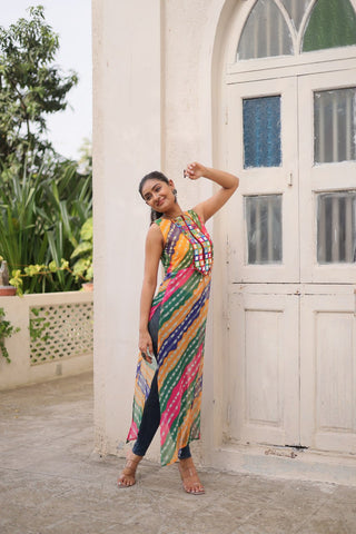 Multi Colour Bandhej Printed Georgette Kurti with Kutchi Gamthi Mirror & Codi Lace Work ClothsVilla