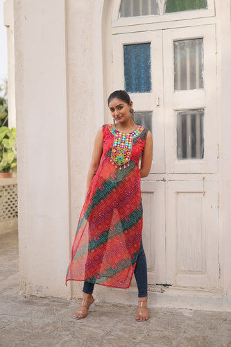 Multi Colour Bandhej Printed Georgette Kurti with Kutchi Gamthi Mirror & Codi Lace Work ClothsVilla