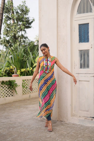 Multi Colour Bandhej Printed Georgette Kurti with Kutchi Gamthi Mirror & Codi Lace Work ClothsVilla