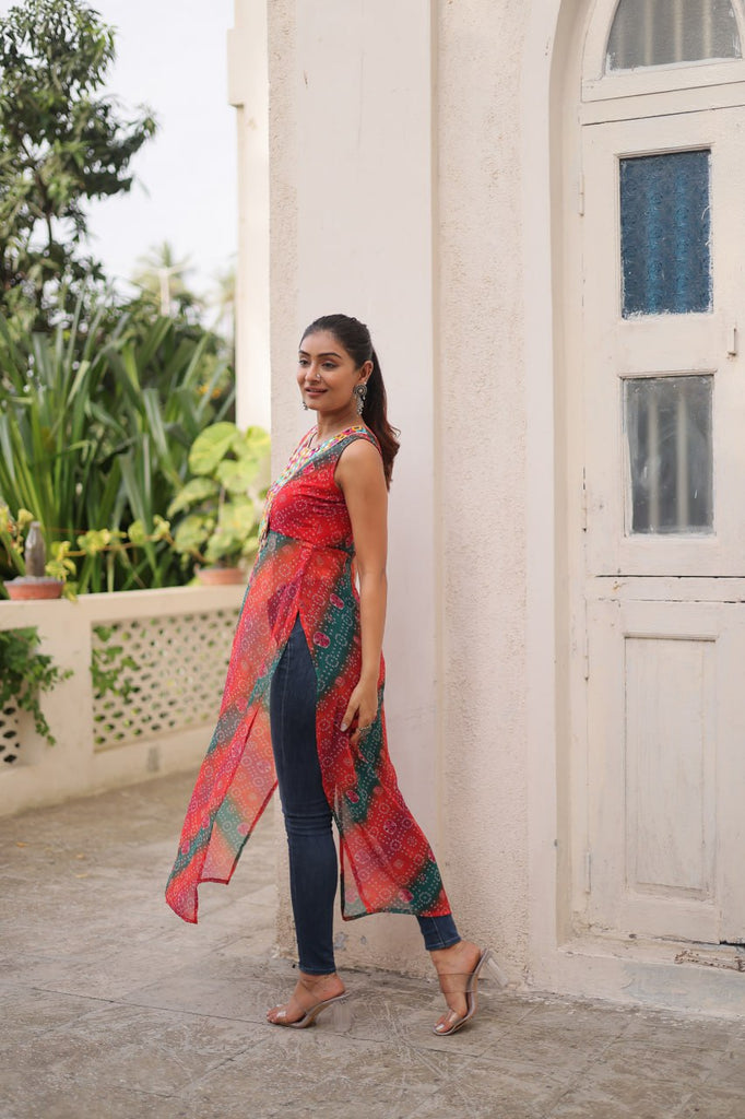 Multi Colour Bandhej Printed Georgette Kurti with Kutchi Gamthi Mirror & Codi Lace Work ClothsVilla