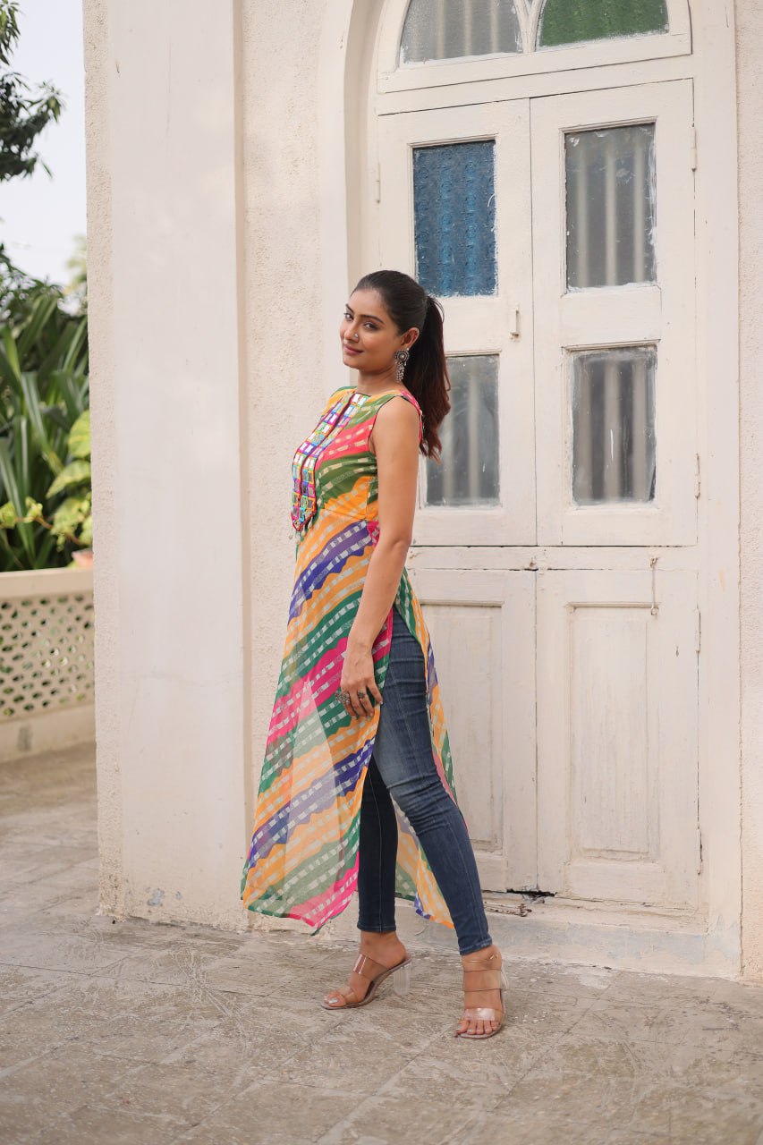 Multi Colour Bandhej Printed Georgette Kurti with Kutchi Gamthi Mirror & Codi Lace Work ClothsVilla