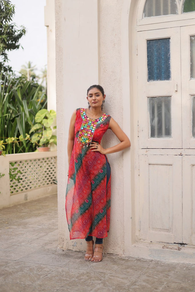 Multi Colour Bandhej Printed Georgette Kurti with Kutchi Gamthi Mirror & Codi Lace Work ClothsVilla