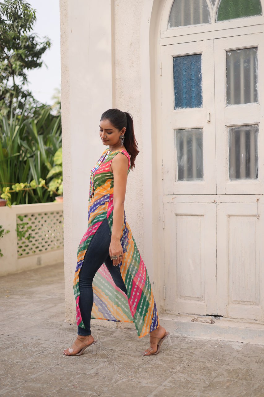 Multi Colour Bandhej Printed Georgette Kurti with Kutchi Gamthi Mirror & Codi Lace Work ClothsVilla