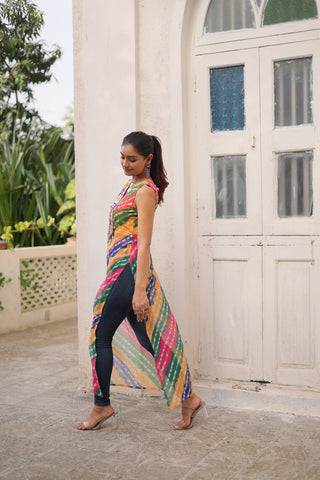 Multi Colour Bandhej Printed Georgette Kurti with Kutchi Gamthi Mirror & Codi Lace Work ClothsVilla