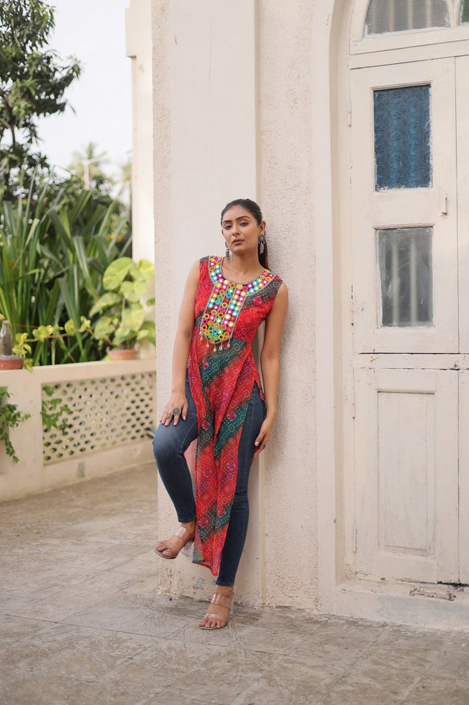 Multi Colour Bandhej Printed Georgette Kurti with Kutchi Gamthi Mirror & Codi Lace Work ClothsVilla