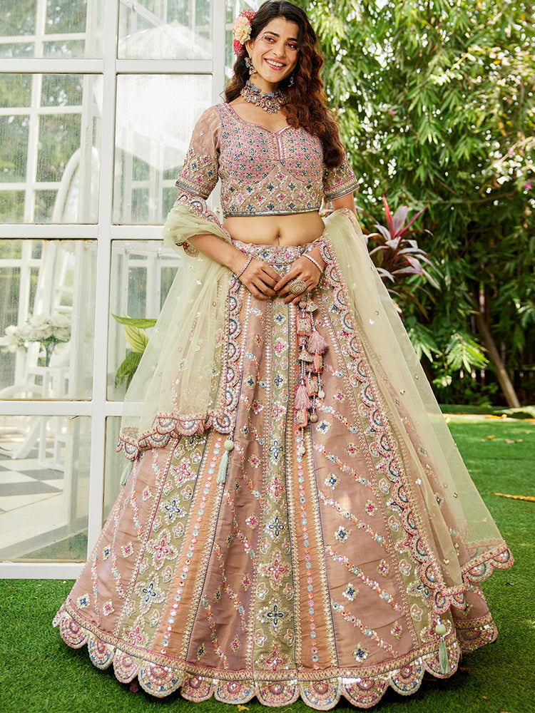 Multi colour Bridel net and Gotapatti & Moti embroidery Semi-Stitched Lehenga choli & Dupatta ClothsVilla