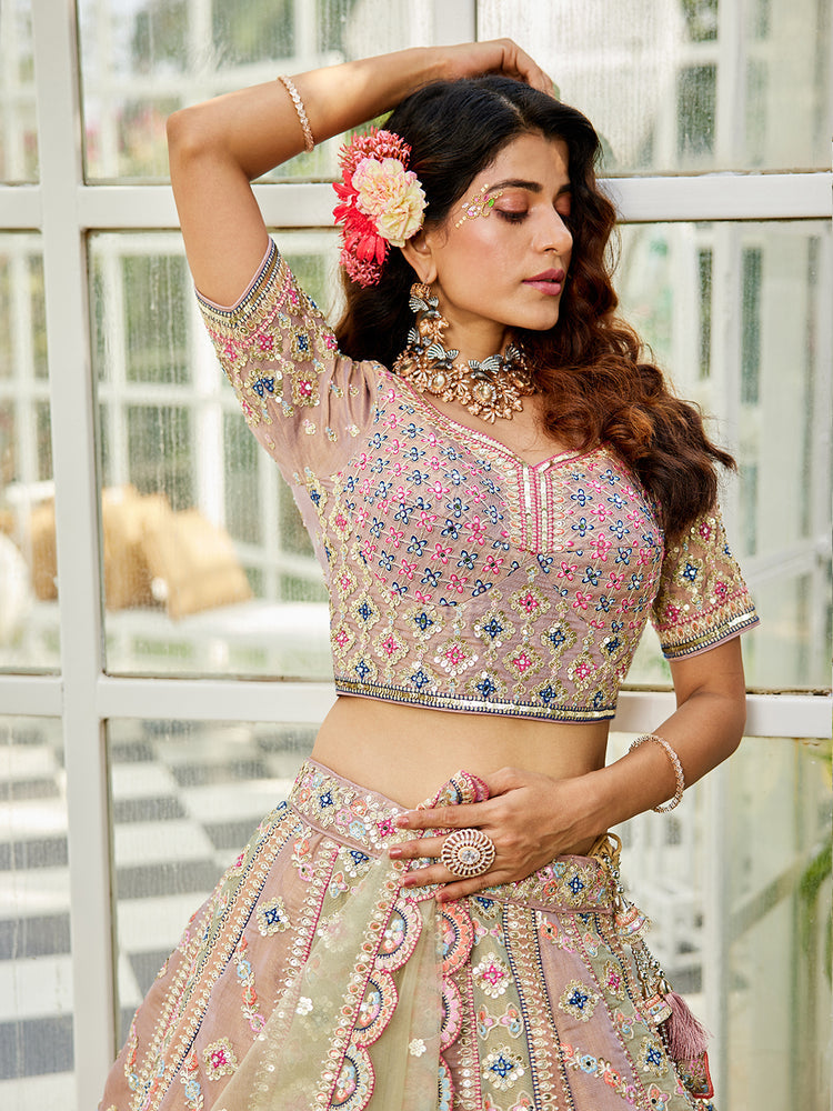 Multi colour Bridel net and Gotapatti & Moti embroidery Semi-Stitched Lehenga choli & Dupatta ClothsVilla