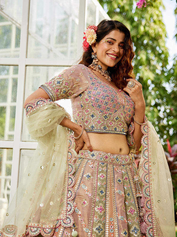 Multi colour Bridel net and Gotapatti & Moti embroidery Semi-Stitched Lehenga choli & Dupatta ClothsVilla