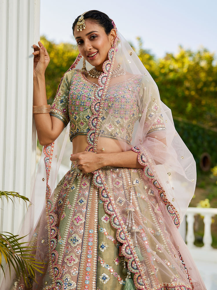 Multi colour Bridel net and Gotapatti & Moti embroidery Semi-Stitched Lehenga choli & Dupatta ClothsVilla