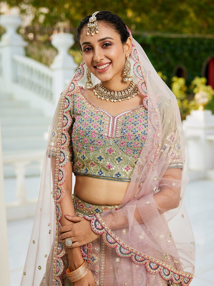 Multi colour Bridel net and Gotapatti & Moti embroidery Semi-Stitched Lehenga choli & Dupatta ClothsVilla