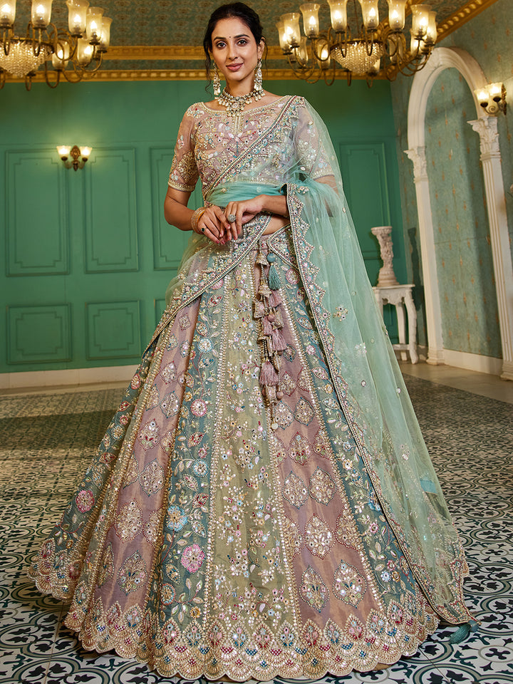 Multi colour Bridel net and Gotapatti & Moti embroidery Semi-Stitched Lehenga choli & Dupatta ClothsVilla