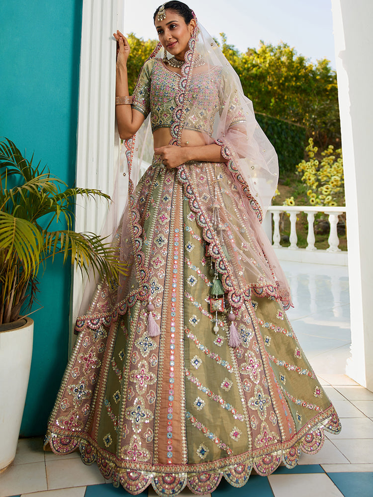 Multi colour Bridel net and Gotapatti & Moti embroidery Semi-Stitched Lehenga choli & Dupatta ClothsVilla
