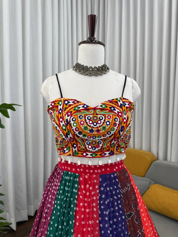 Multi Colour Designer Faux Georgette Lehenga with Digital Print & Mirror Work Blouse ClothsVilla