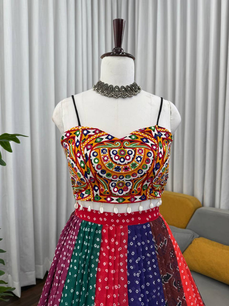 Multi Colour Designer Faux Georgette Lehenga with Digital Print & Mirror Work Blouse ClothsVilla