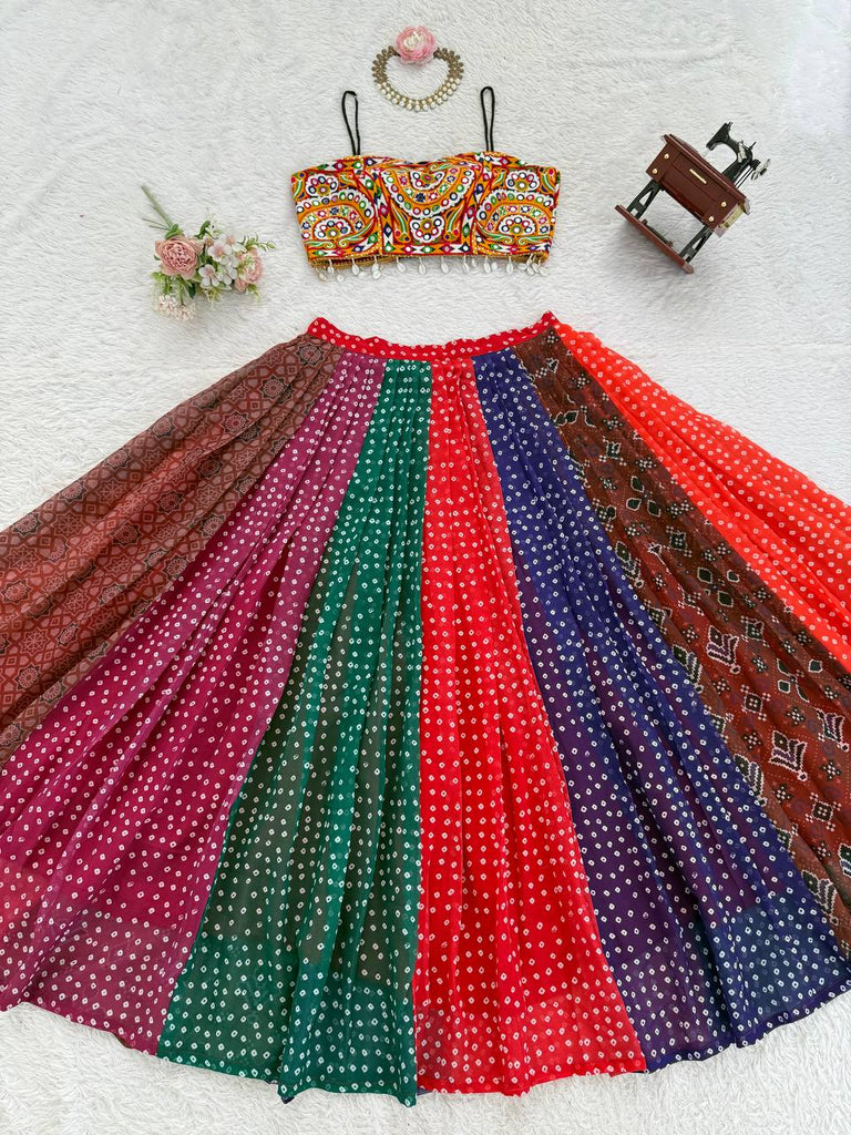 Multi Colour Designer Faux Georgette Lehenga with Digital Print & Mirror Work Blouse ClothsVilla