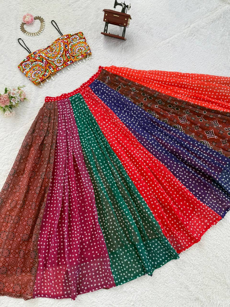 Multi Colour Designer Faux Georgette Lehenga with Digital Print & Mirror Work Blouse ClothsVilla