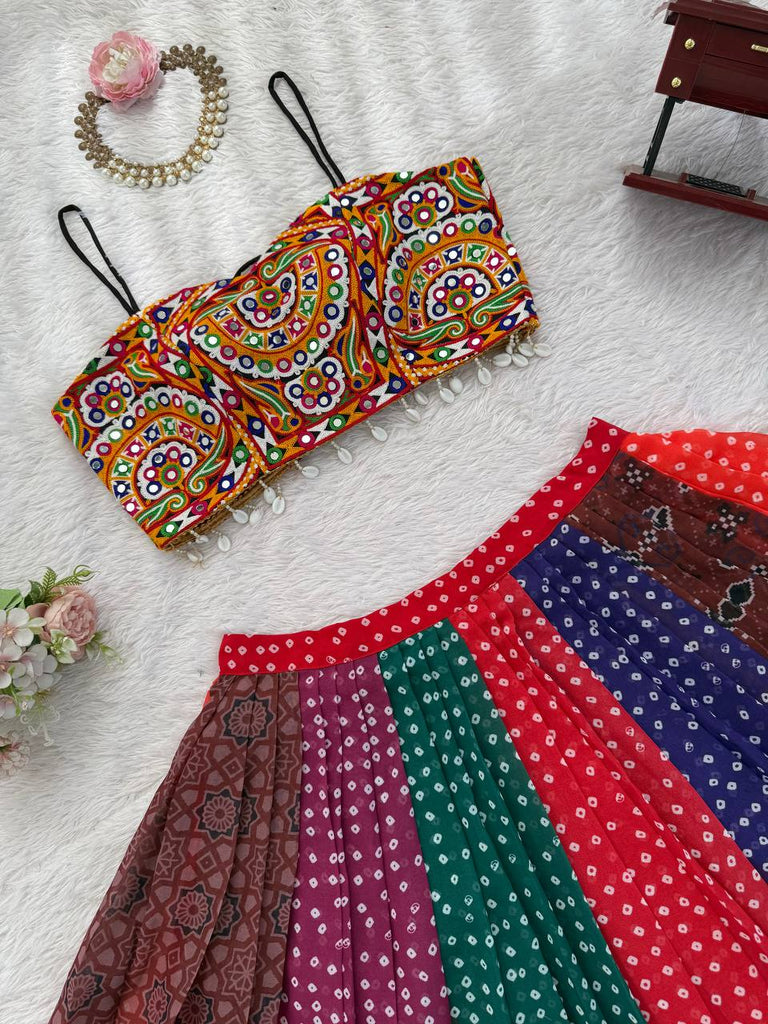 Multi Colour Designer Faux Georgette Lehenga with Digital Print & Mirror Work Blouse ClothsVilla