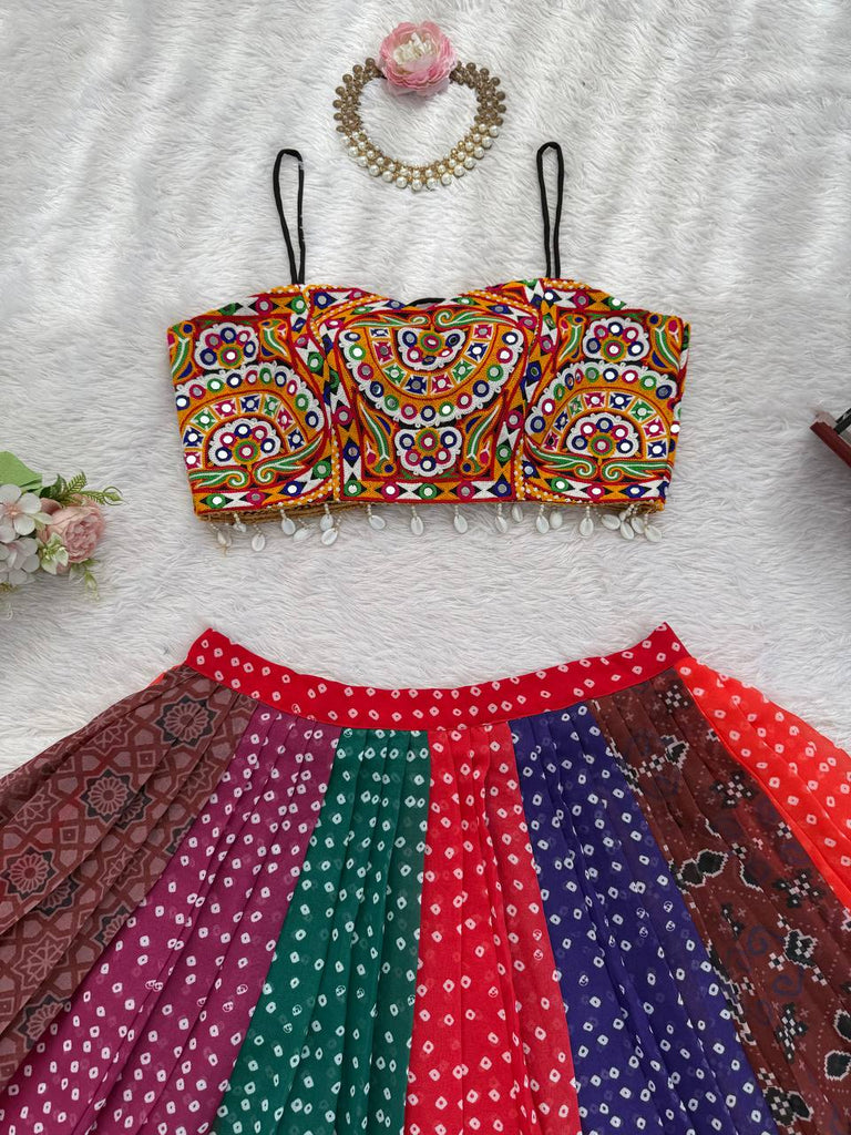 Multi Colour Designer Faux Georgette Lehenga with Digital Print & Mirror Work Blouse ClothsVilla