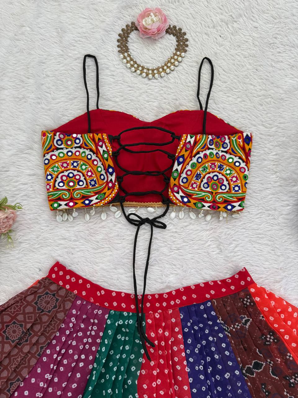 Multi Colour Designer Faux Georgette Lehenga with Digital Print & Mirror Work Blouse ClothsVilla