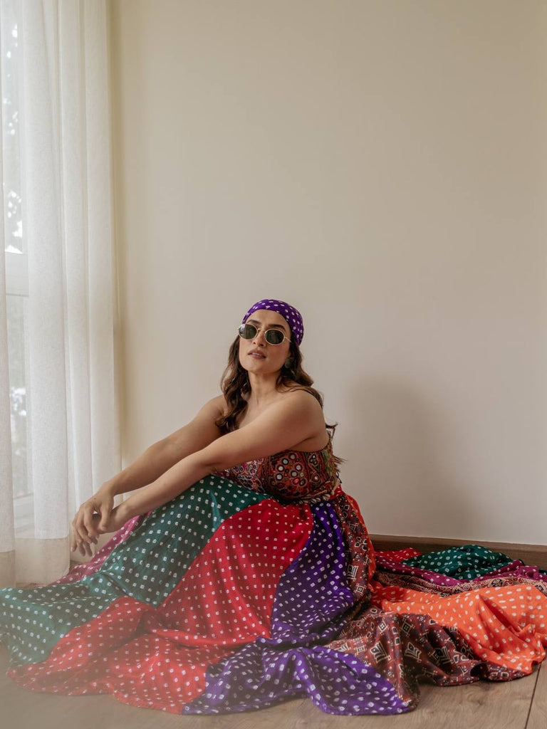 Multi Colour Designer Faux Georgette Lehenga with Digital Print & Mirror Work Blouse ClothsVilla