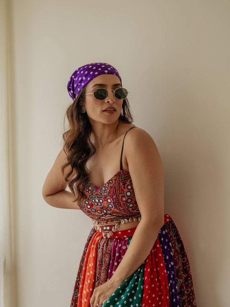 Multi Colour Designer Faux Georgette Lehenga with Digital Print & Mirror Work Blouse ClothsVilla