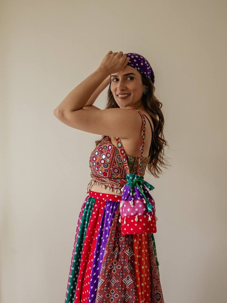 Multi Colour Designer Faux Georgette Lehenga with Digital Print & Mirror Work Blouse ClothsVilla