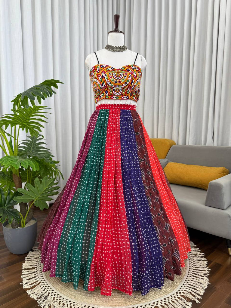 Multi Colour Designer Faux Georgette Lehenga with Digital Print & Mirror Work Blouse ClothsVilla